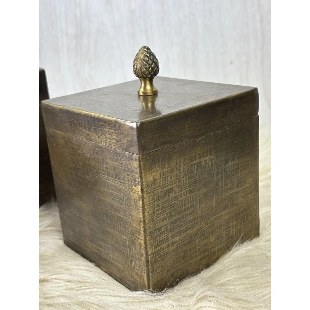 Bronze Decorative Boxes Set 2 Pinecone Finial Rustic Storage Made India Lodge